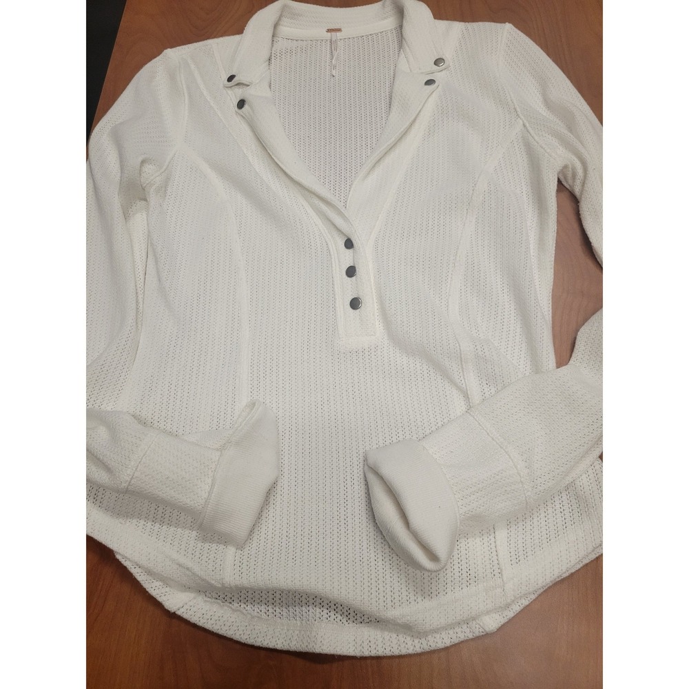Free People White Thermal Henley Knit Top Long Sleeve Notched Collar Size M